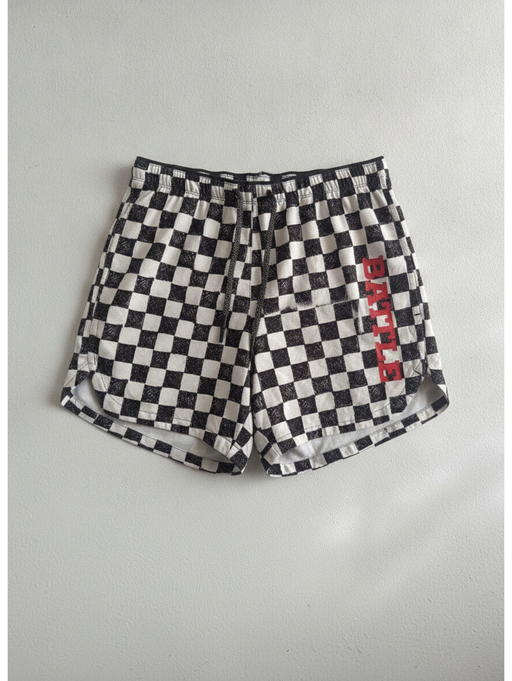 Battle Sports Co. Black and White Checkered Athletic Shorts with Red Logo